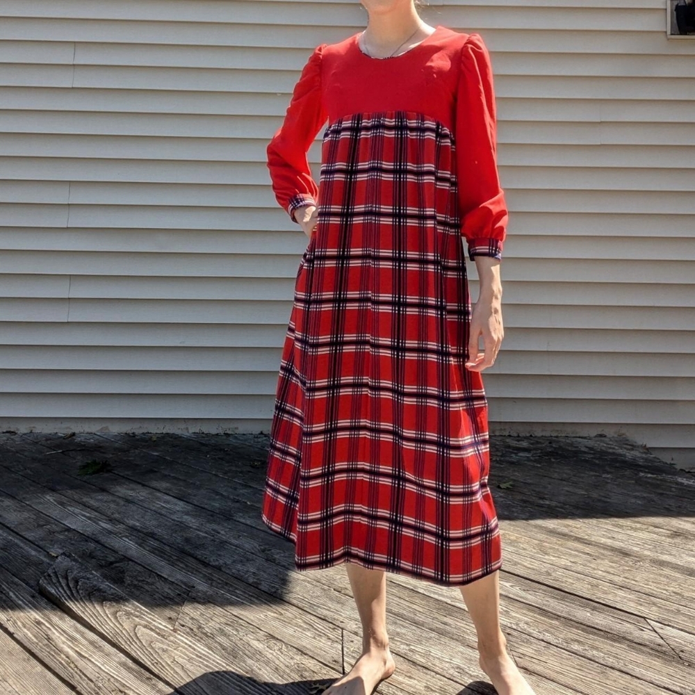Vintage 70's Red Long Sleeve Plaid Empire Waist Maxi Dress